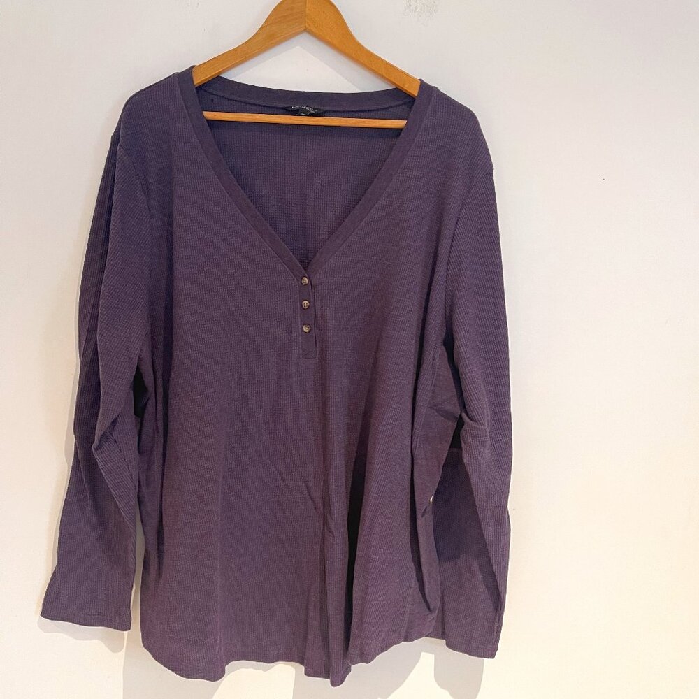George Women Purple Henley Waffle Knit Long Sleeve Pullover Top Size 3X